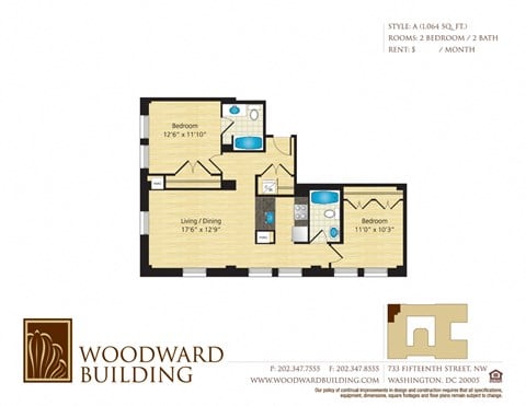 Floor plan for 2 beds, 2 baths, 1064 sqft